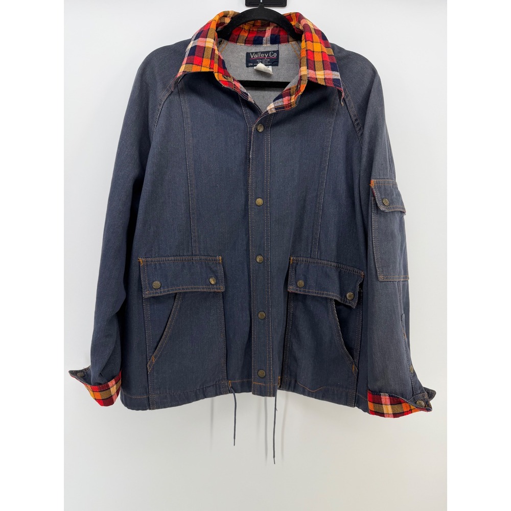 Vintage 80s 90s Valley‎ Co Denim Utility Jacket Chore Style Plaid Boxy Women 2XL